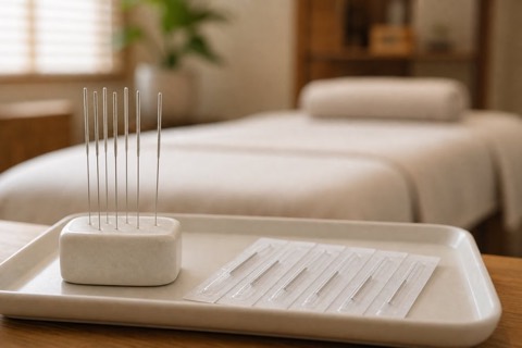 Fine acupuncture needles prepared for a Perth neck pain consultation